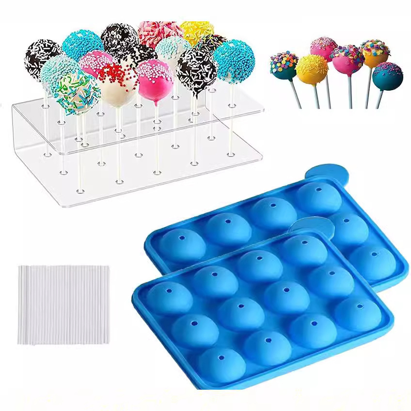 Conjunto de Moldes de Pirulito de Silicone por Atacado 12-Cavity com Palitos de Papel e Suporte de Exibição de Acrílico para Pirulito Moldes para Bolo