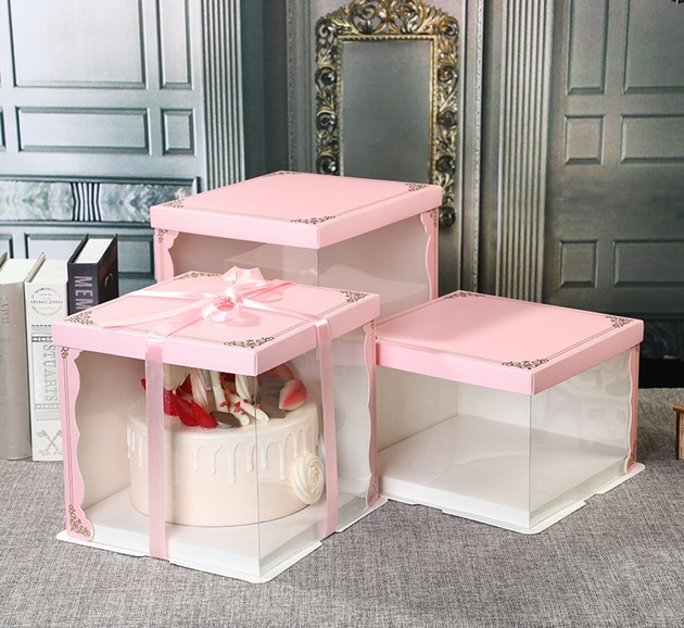 Embalagem de bolo de aniversário e casamento transparente de plástico personalizada por atacado, embalagem de papel para alimentos de padaria, caixa de presente clara em formato de cupcake dobrável rosa