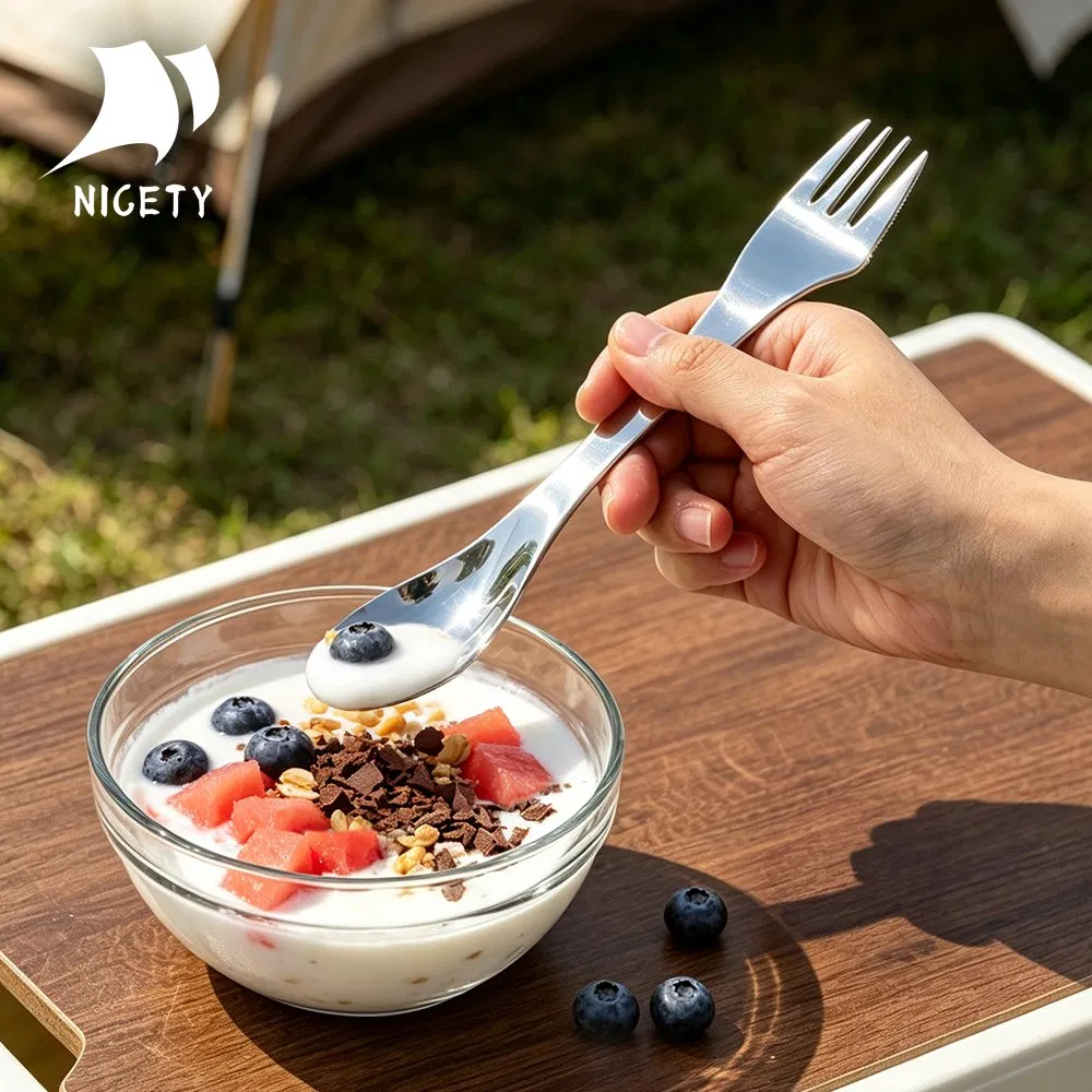Nicety 3-in-1 Colher Garfo Spork de Aço Inoxidável Design Contemporâneo Talheres Combo Cabo Longo Não Tóxico para Camping Cozinha