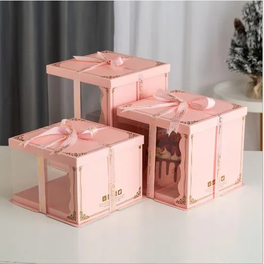 Embalagem de bolo de aniversário e casamento transparente de plástico personalizada por atacado, embalagem de papel para alimentos de padaria, caixa de presente clara em formato de cupcake dobrável rosa