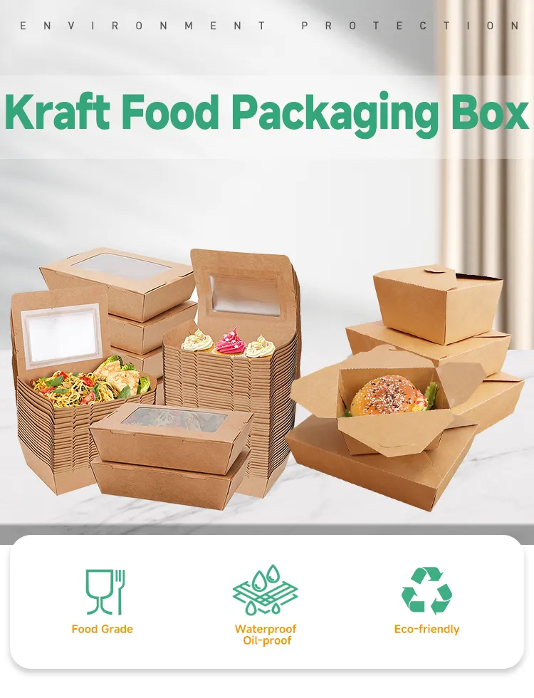 Caixa de Papel Kraft Reutilizável com Revestimento de PE para Fast Food, Caixa de Embalagem para Alimentos, Recipiente de Papel para Comida