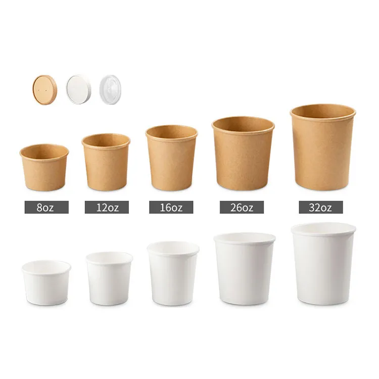 Bowl de sopa quente de noodle descartável compostável biodegradável de papel kraft branco com tampa de PP