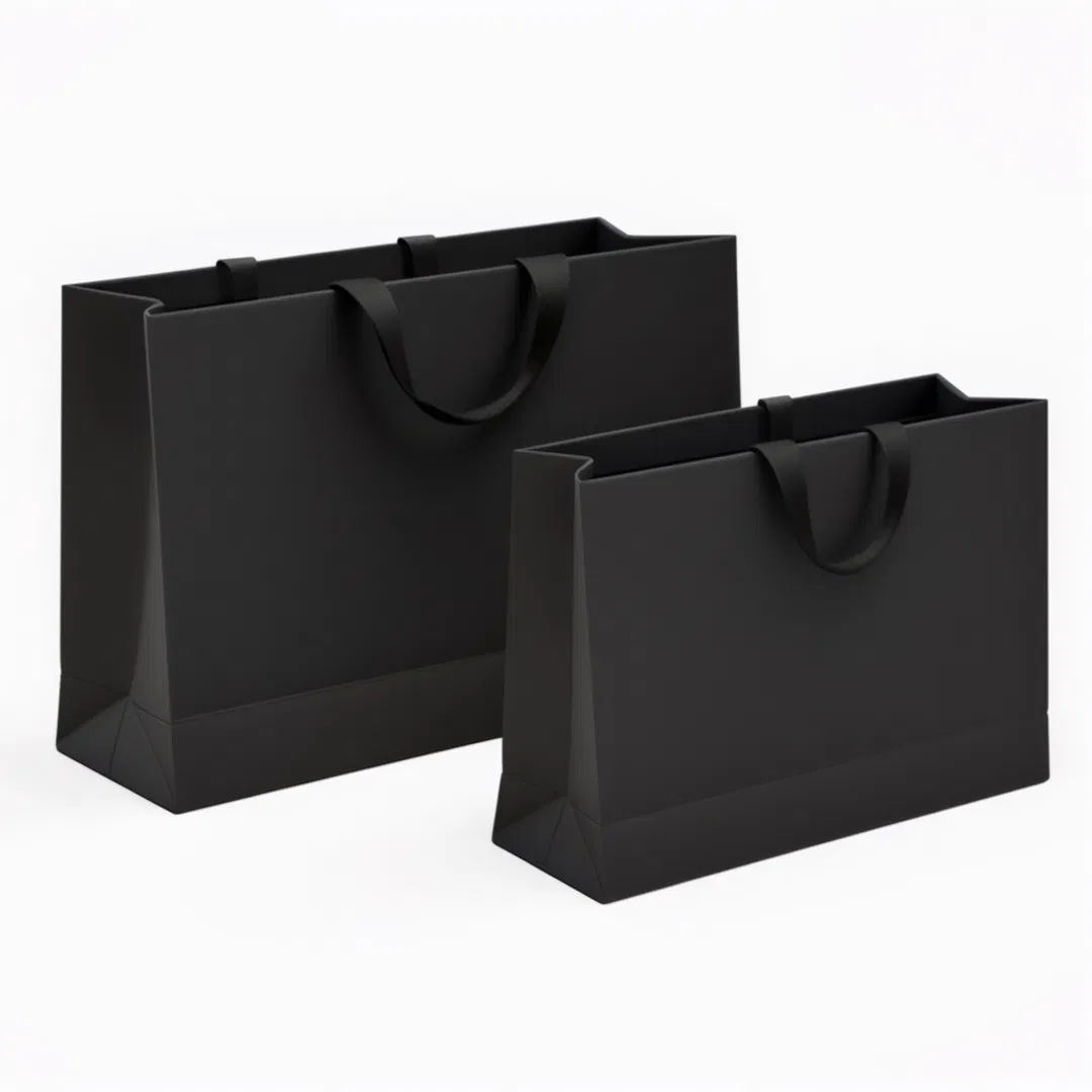 Saco de presente personalizado com logotipo, sacos de papel preto com alça de fita para compras