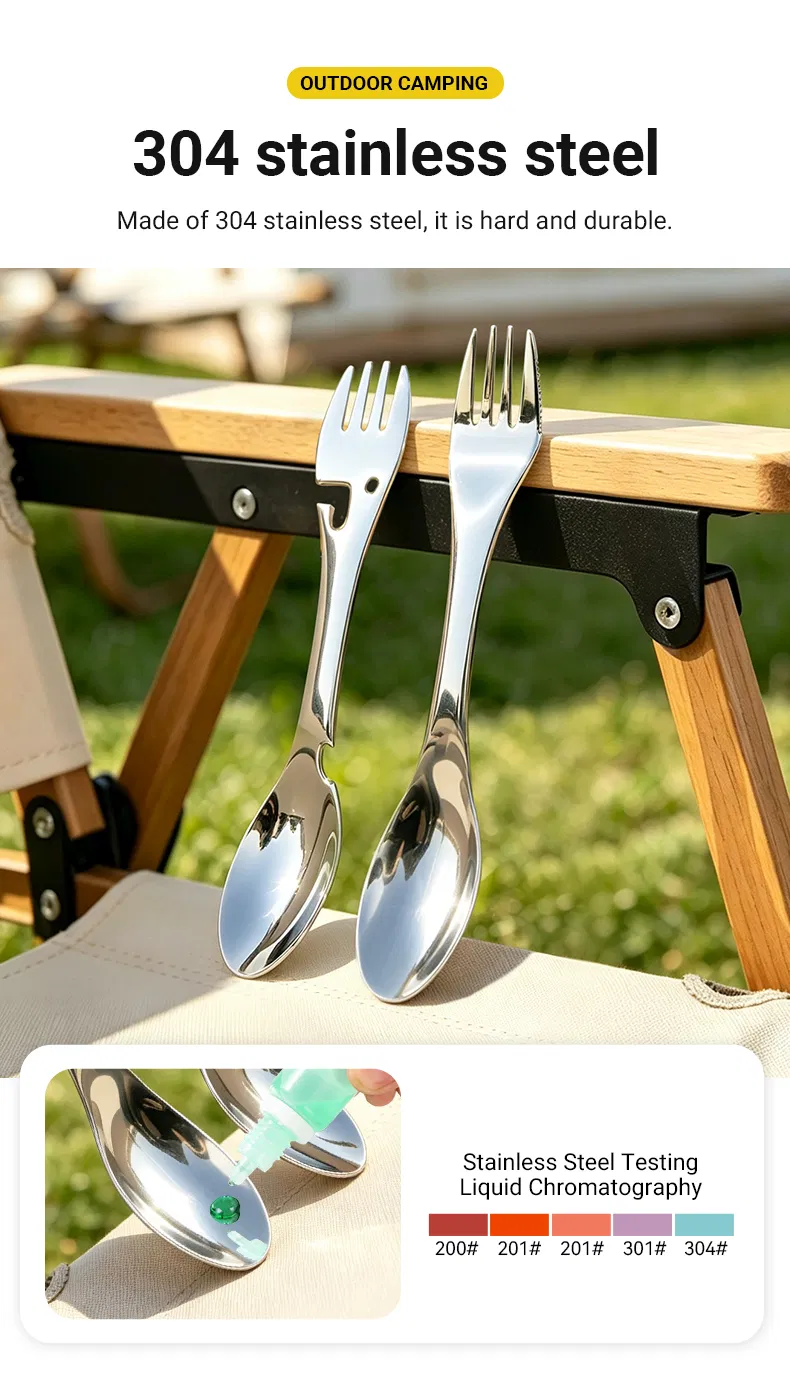 3-in-1 Colher Garfo Spork de Aço Inoxidável Design Contemporâneo Talheres Combo Cabo Longo Não Tóxico para Camping Cozinha