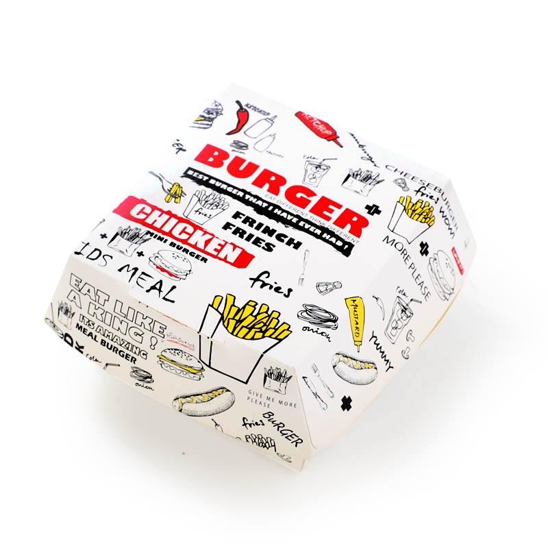 Impressão personalizada por atacado com logotipo, caixa de embalagem de papelão de alta qualidade para alimentos, embalagem de hambúrguer para restaurante de fast food e padaria, embalagem de clamshell de papel para hambúrguer