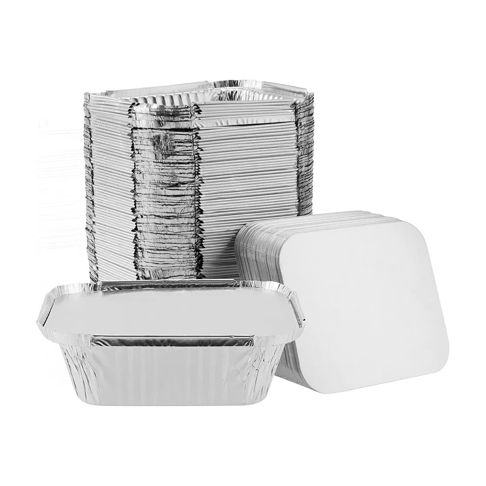 Recipiente de alumínio descartável personalizado para alimentos, bandeja de papel alumínio para assar, recipiente retangular de papel alumínio com tampas de papel