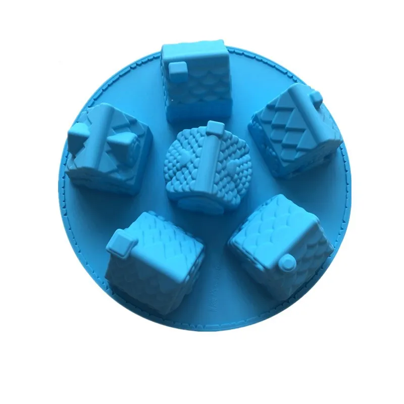 6-Cavity Forma de Bolo em Silicone em Forma de Casa Moldura de Sabão Moldura de Chocolate Alta Resistência à Temperatura