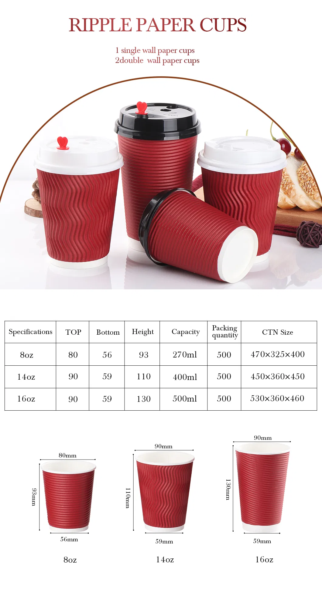 Copo de Papel com Parede Ripple Personalizado para Bebidas Quentes e Frias Descartável 8oz 12oz com Tampa