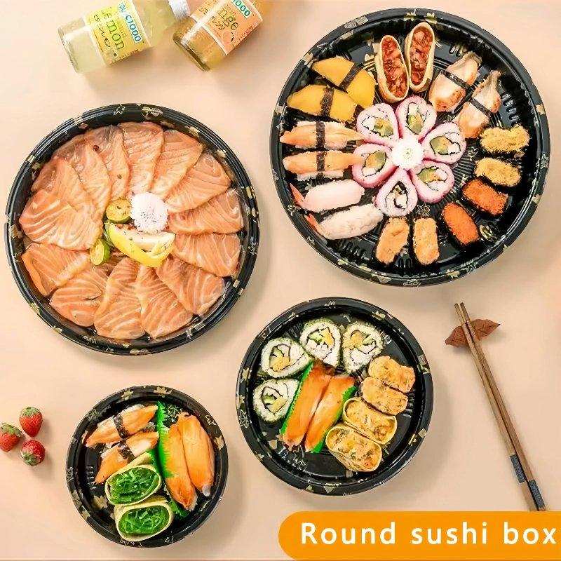 Bandeja de plástico descartável para sushi, prato de sushi, recipiente de comida para viagem, caixas de embalagem para sushi