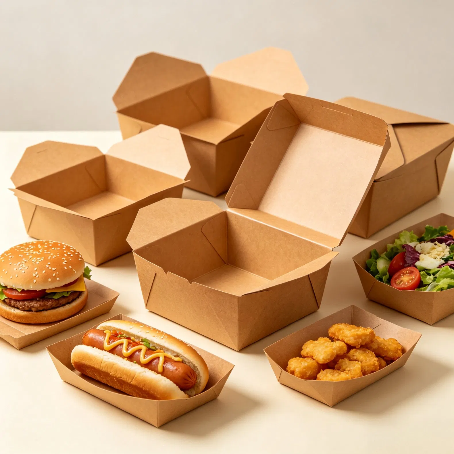 Caixa de papel kraft descartável em formato de concha para embalagem de comida para viagem e catering