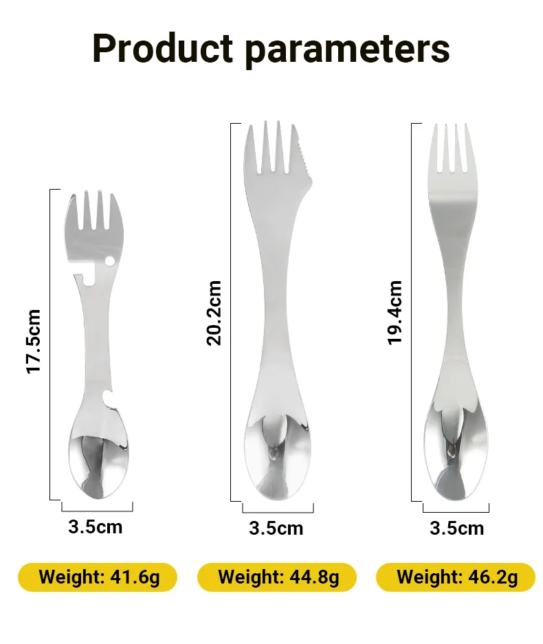 3-in-1 Colher Garfo Spork de Aço Inoxidável Design Contemporâneo Talheres Combo Cabo Longo Não Tóxico para Camping Cozinha