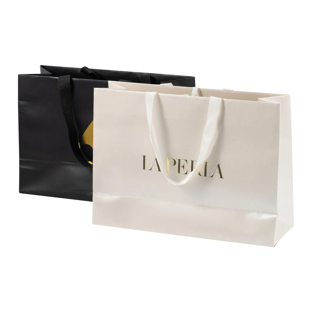 Saco de presente de roupa personalizado de alta qualidade por atacado, saco de papel texturizado preto fosco