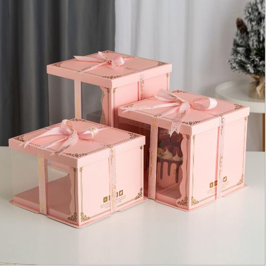 Embalagem de bolo de aniversário e casamento transparente de plástico personalizada por atacado, embalagem de papel para alimentos de padaria, caixa de presente clara em formato de cupcake dobrável rosa