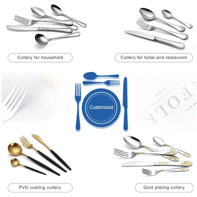 Inovador Cabo de Gravação 304 Aço Inoxidável Utensílios de Cozinha com Colher, Garfo e Faca com Certificação FDA/LFGB/SGS/UE