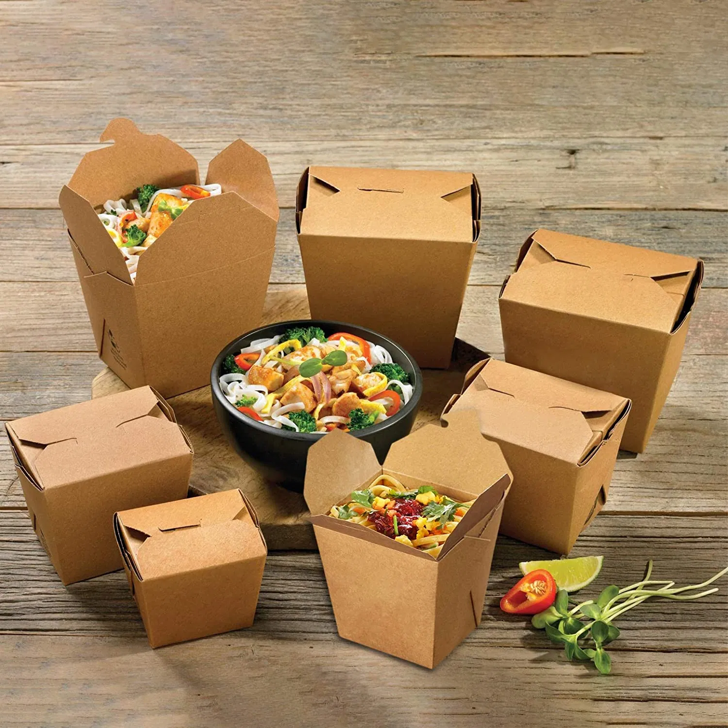 Caixa de embalagem de comida descartável para restaurante chinês, biodegradável e pronta para refeições