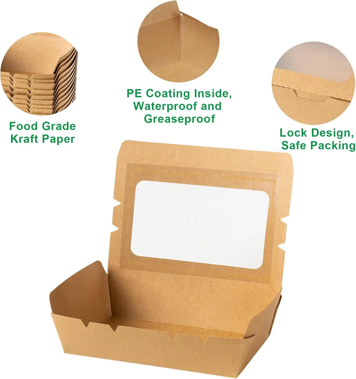 Tigelas quadradas de papel kraft, recipiente para comida para viagem