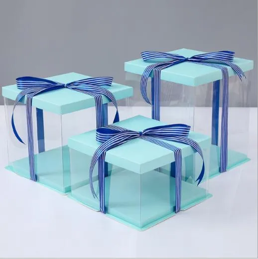 Embalagem de bolo de aniversário e casamento transparente de plástico personalizada por atacado, embalagem de papel para alimentos de padaria, caixa de presente clara em formato de cupcake dobrável rosa