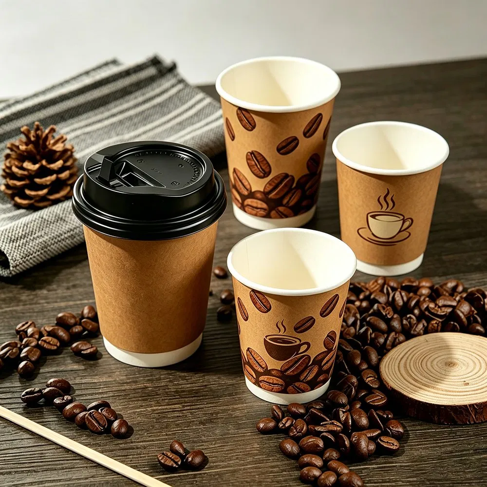 Copos de Papel Dupla Parede para Bebidas Quentes e Frias Personalizados Descartáveis Impressos ODM OEM Sem Pfas à Venda 8oz 10oz 12oz 16oz 22oz 24oz 26oz Revestidos de PLA PE