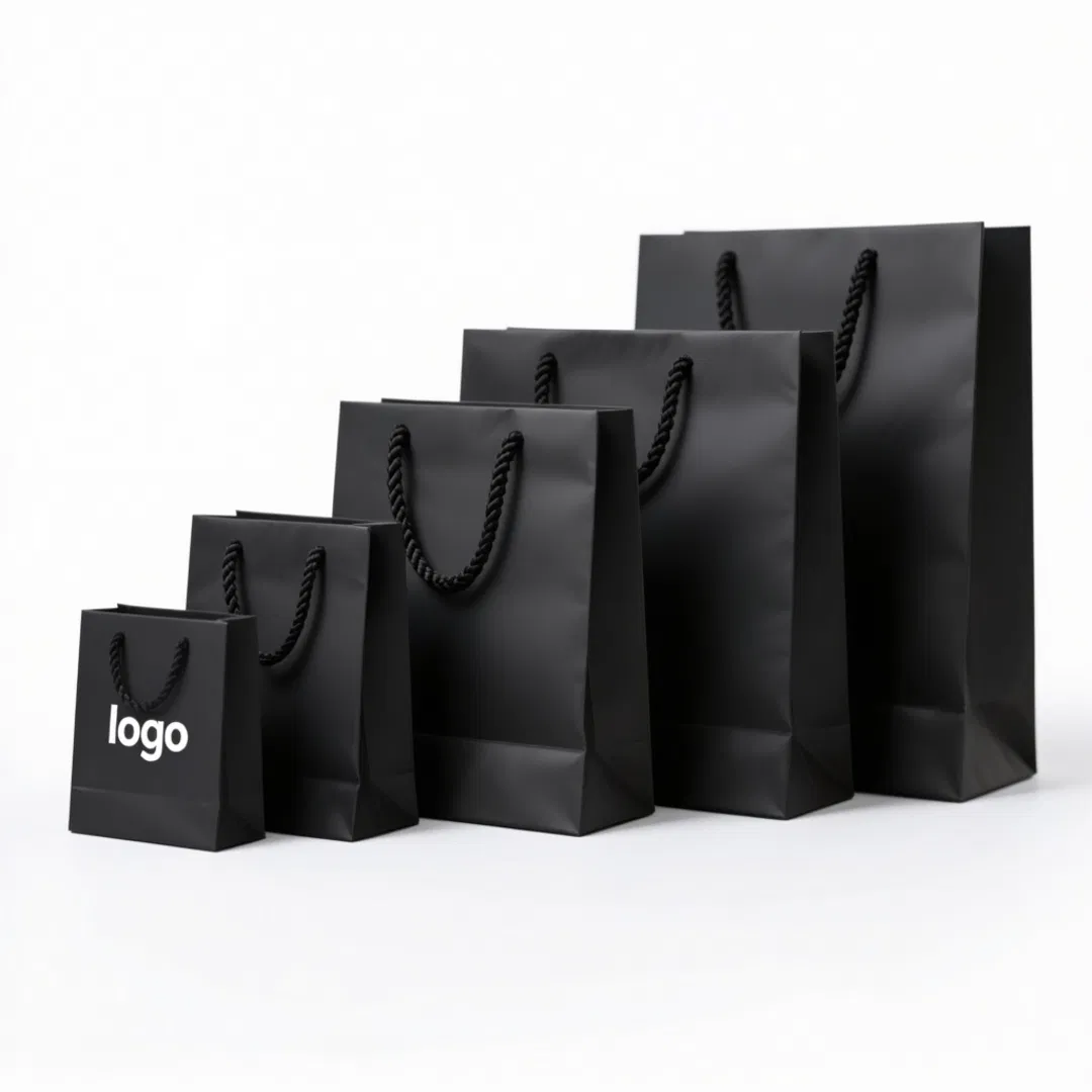 Saco de presente personalizado com logotipo, sacos de papel preto com alça de fita para compras