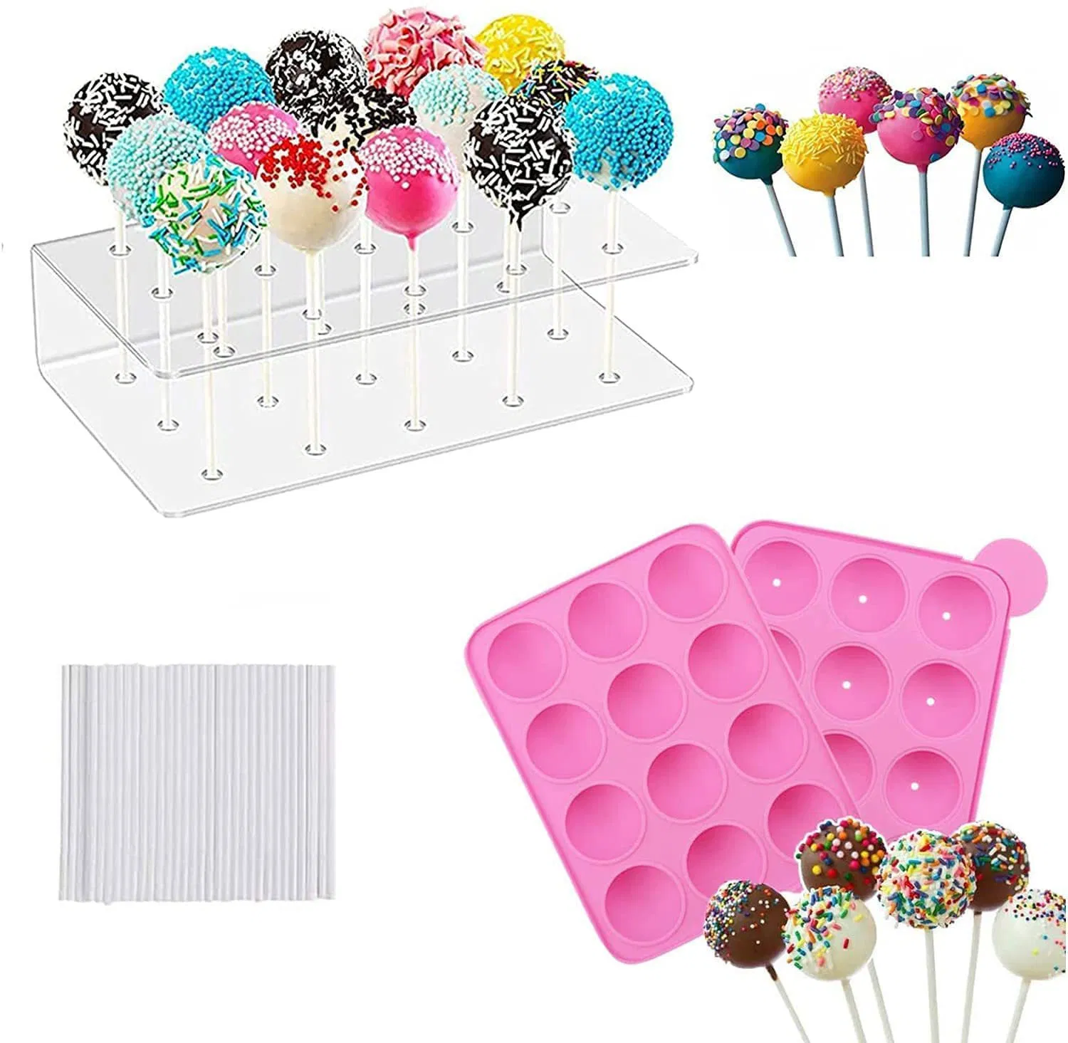 Conjunto de Moldes de Pirulito de Silicone por Atacado 12-Cavity com Palitos de Papel e Suporte de Exibição de Acrílico para Pirulito Moldes para Bolo