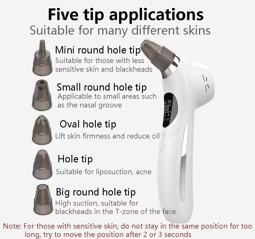 High Quality USB Facial Home Use Blackhead Extractor Remover Pore Vacuum Rechargeable with 5 Suction Heads Made of Plastic