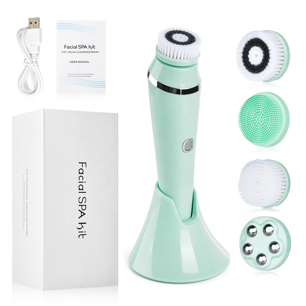 4 in 1 Electric Sonic Face Beauty Machine Exfoliating Waterproof Face Massage Spa Kit Facial Skin Cleansing Brush With Base