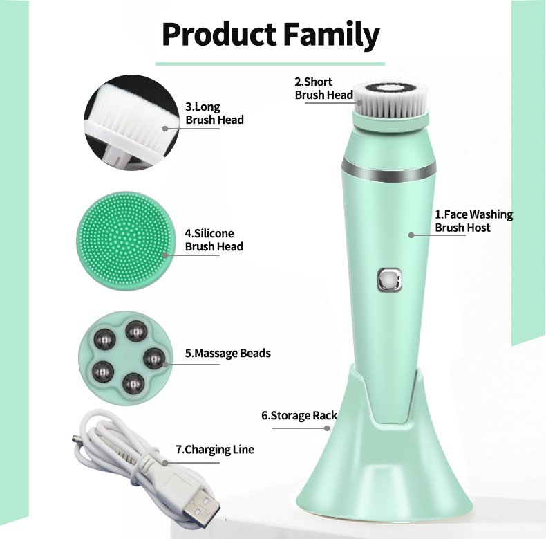 4 in 1 Electric Sonic Face Beauty Machine Exfoliating Waterproof Face Massage Spa Kit Facial Skin Cleansing Brush With Base