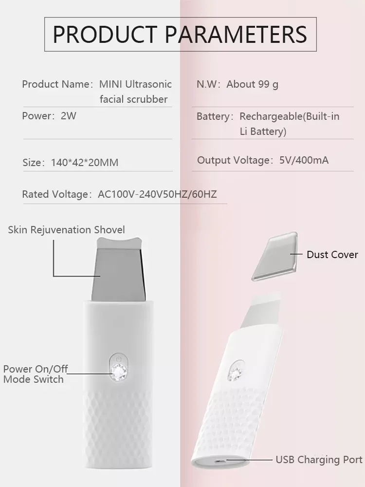 Ultrasonic Face Skin Scrubber Blackhead Acne Removal Facial Vibration Massager Peeling Shovel Exfoliator Clean Machine