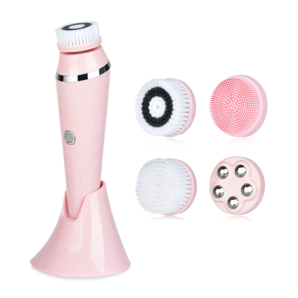 4 in 1 Electric Sonic Face Beauty Machine Exfoliating Waterproof Face Massage Spa Kit Facial Skin Cleansing Brush With Base