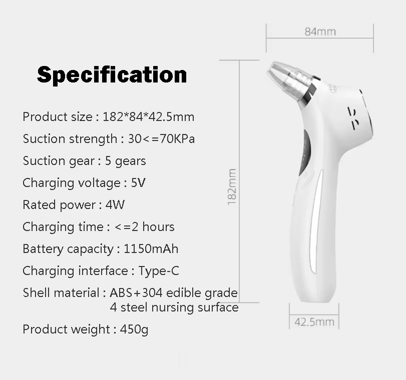 High Quality USB Facial Home Use Blackhead Extractor Remover Pore Vacuum Rechargeable with 5 Suction Heads Made of Plastic