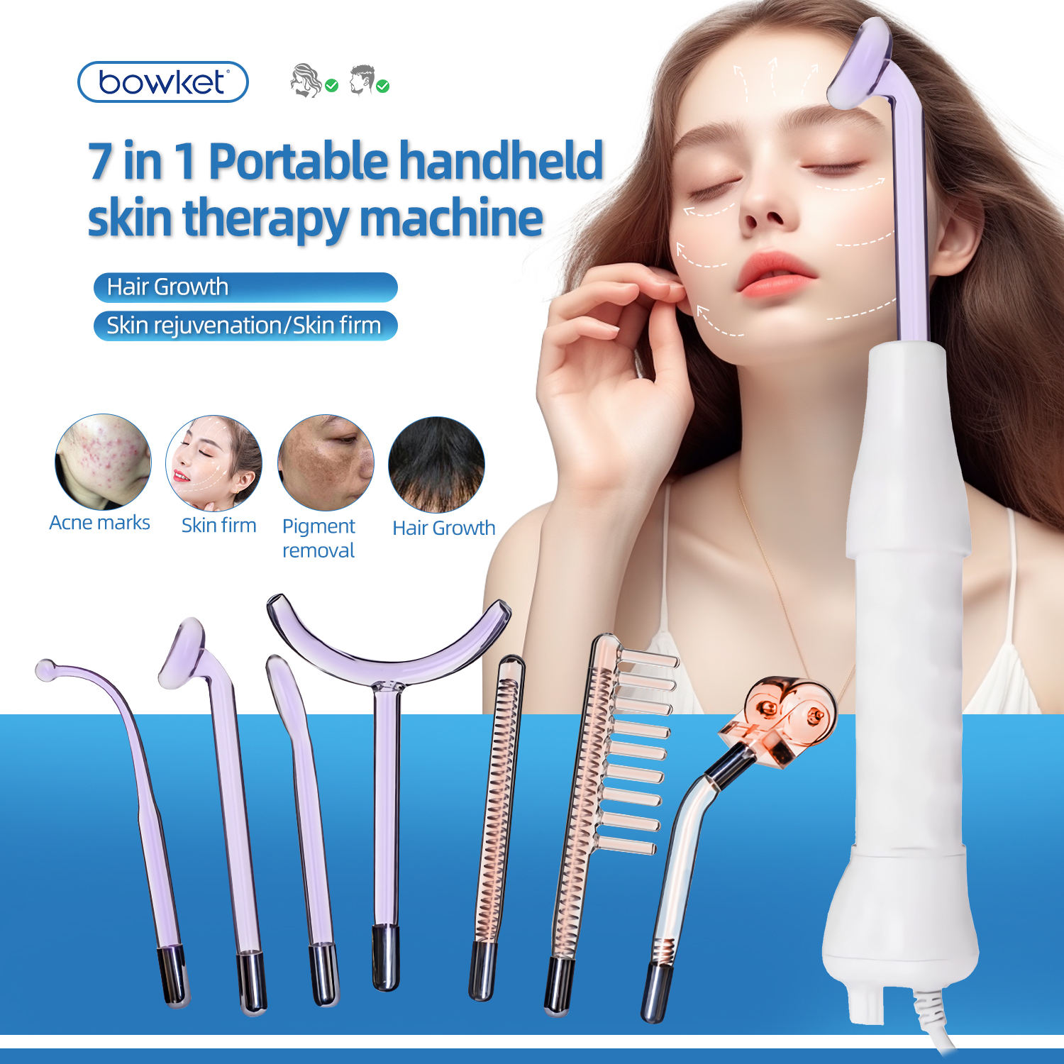 Bowket High Frequency Facial Machine 7 Wands Tube Electrode Argon Gas Skin Tightening and Wrinkle Reducing Beauty Instrumentacne