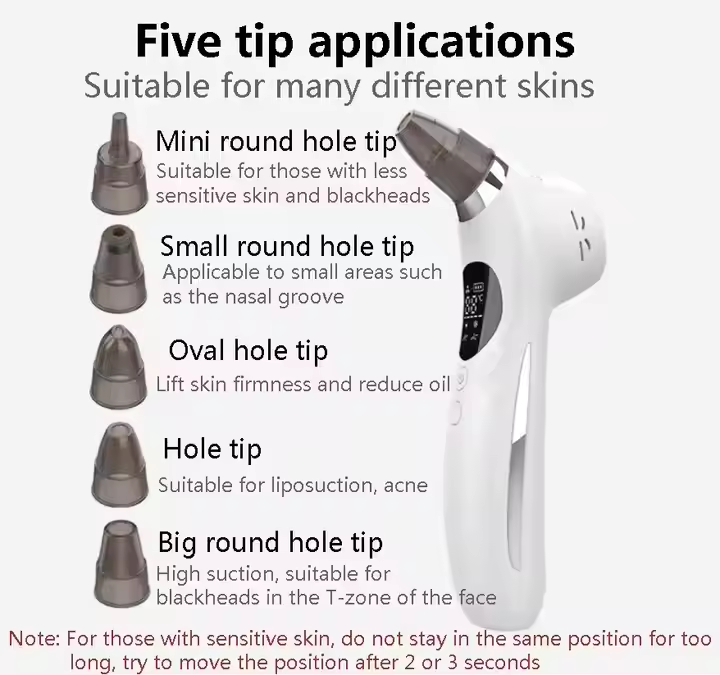 High Quality USB Facial Home Use Blackhead Extractor Remover Pore Vacuum Rechargeable with 5 Suction Heads Made of Plastic