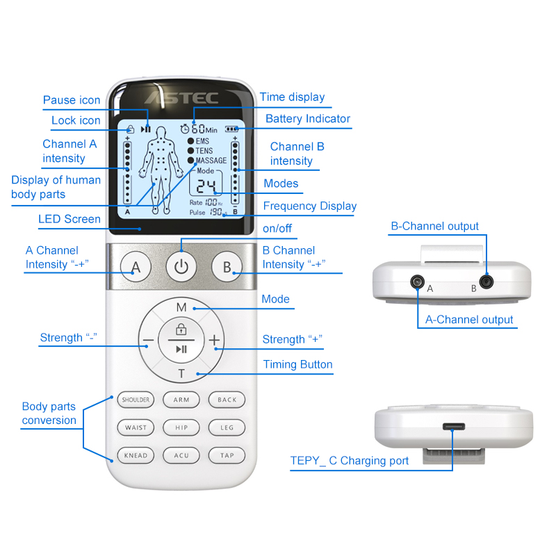AsTec Physical Therapy Equipment Tens Machine Physiotherapy EMS Pulse Dual Channel Body Massager Muscle Stimulator Pain Relief