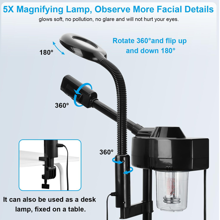 2 in 1 Electric Skin Rejuvenation Ozone Hot Facial Steamer 5X Magnifying LED Desk Lamp for Home & Outdoor Use