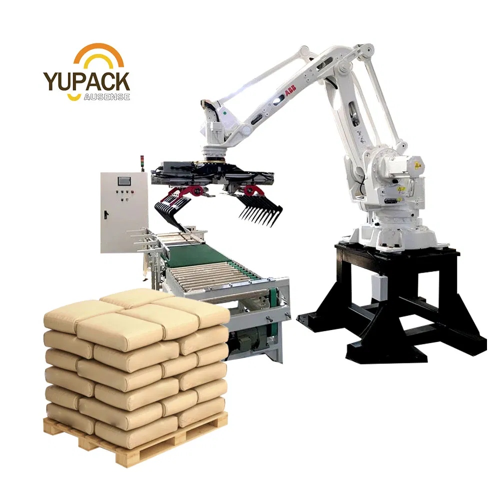 High Speed Robotic Bag Palletizer System with a Bag Flattener and Curved Infeed Conveyor