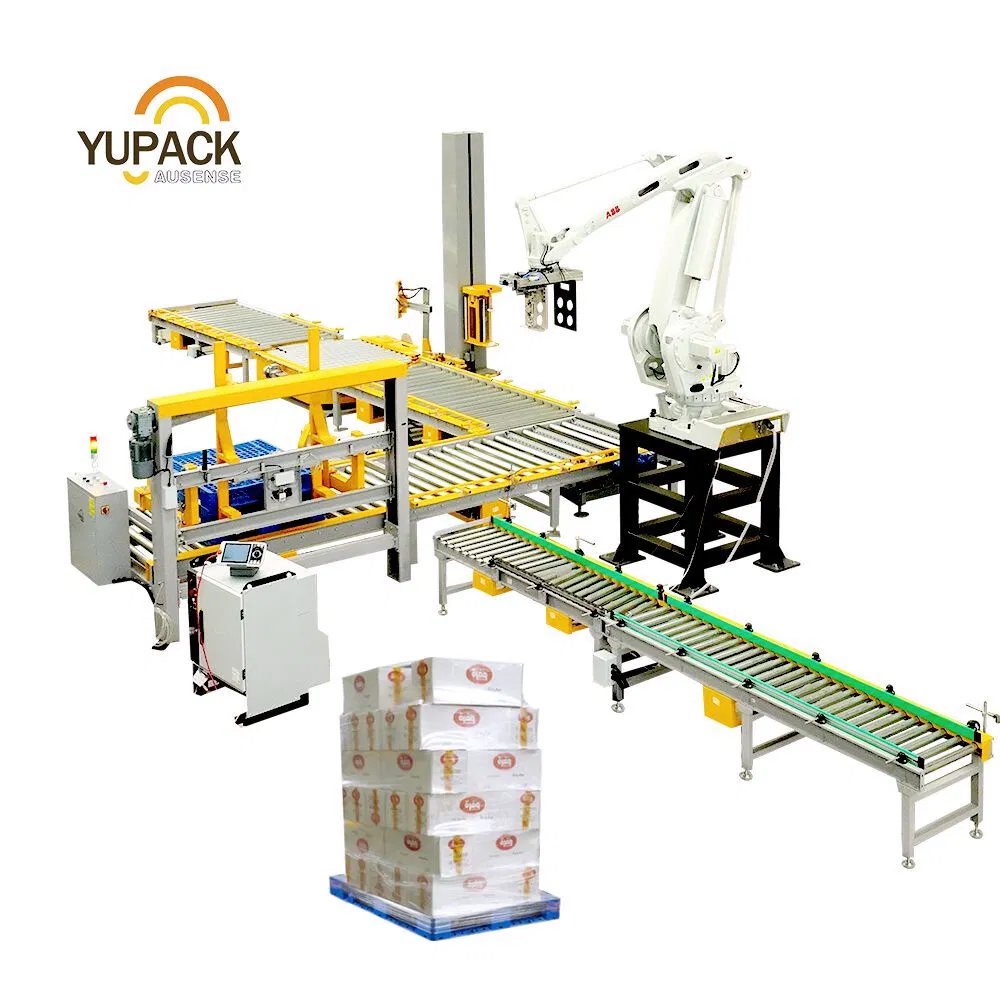 Complete Packaging Line Stretch Wrapper Robotic Palletizing System with Motorized Conveyors Pallet Dispenser