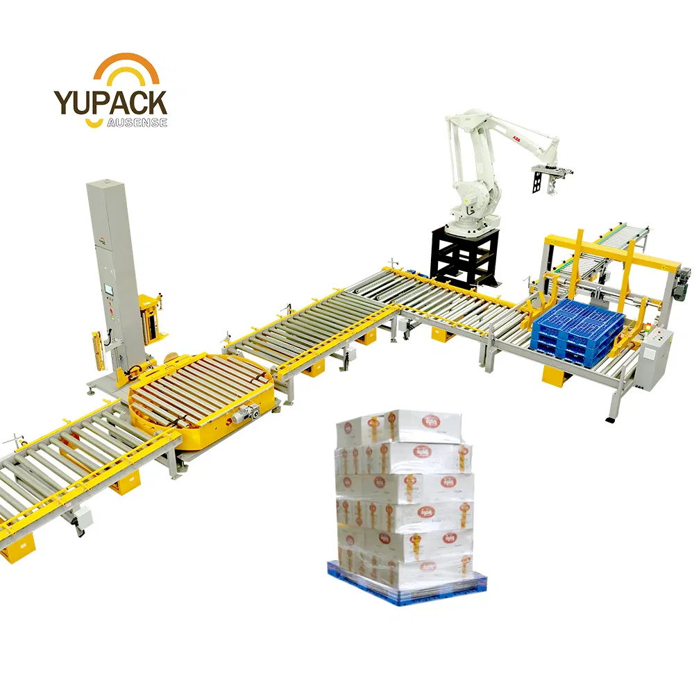 Complete Packaging Line Stretch Wrapper Robotic Palletizing System with Motorized Conveyors Pallet Dispenser
