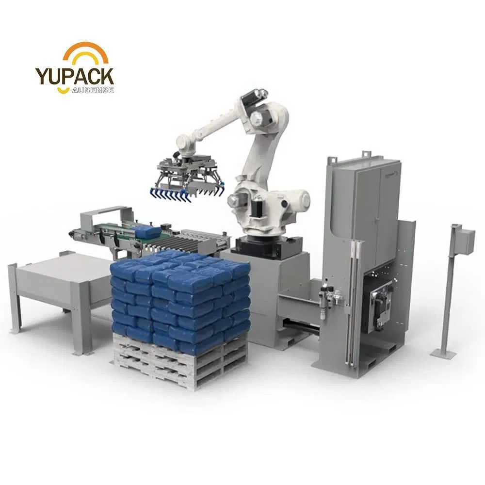 High Speed Robotic Bag Palletizer System with a Bag Flattener and Curved Infeed Conveyor