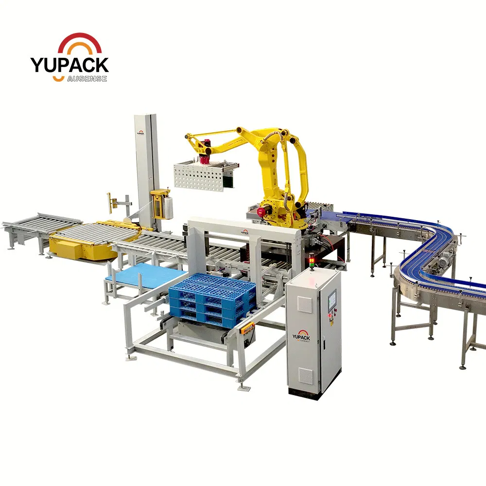 High-Efficiency Robotic Palletizing and Wrapping System with Pallet Magaziner, Synchronized Conveyors and Auto-Arranging for Pharmaceutical Production