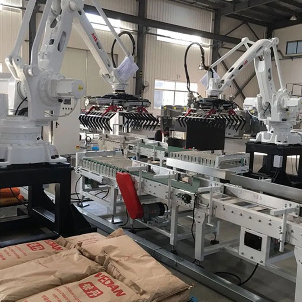 Robotic Bag Palletizer System with a Bag Flattener and Infeed Conveyor
