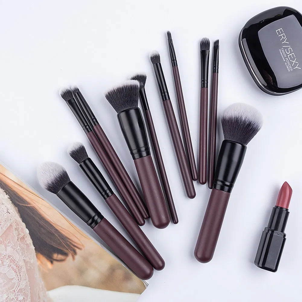 11PCS Conjunto de brochas de maquillaje de pelo sintético suave y denso para rostro/ojos con mango de madera