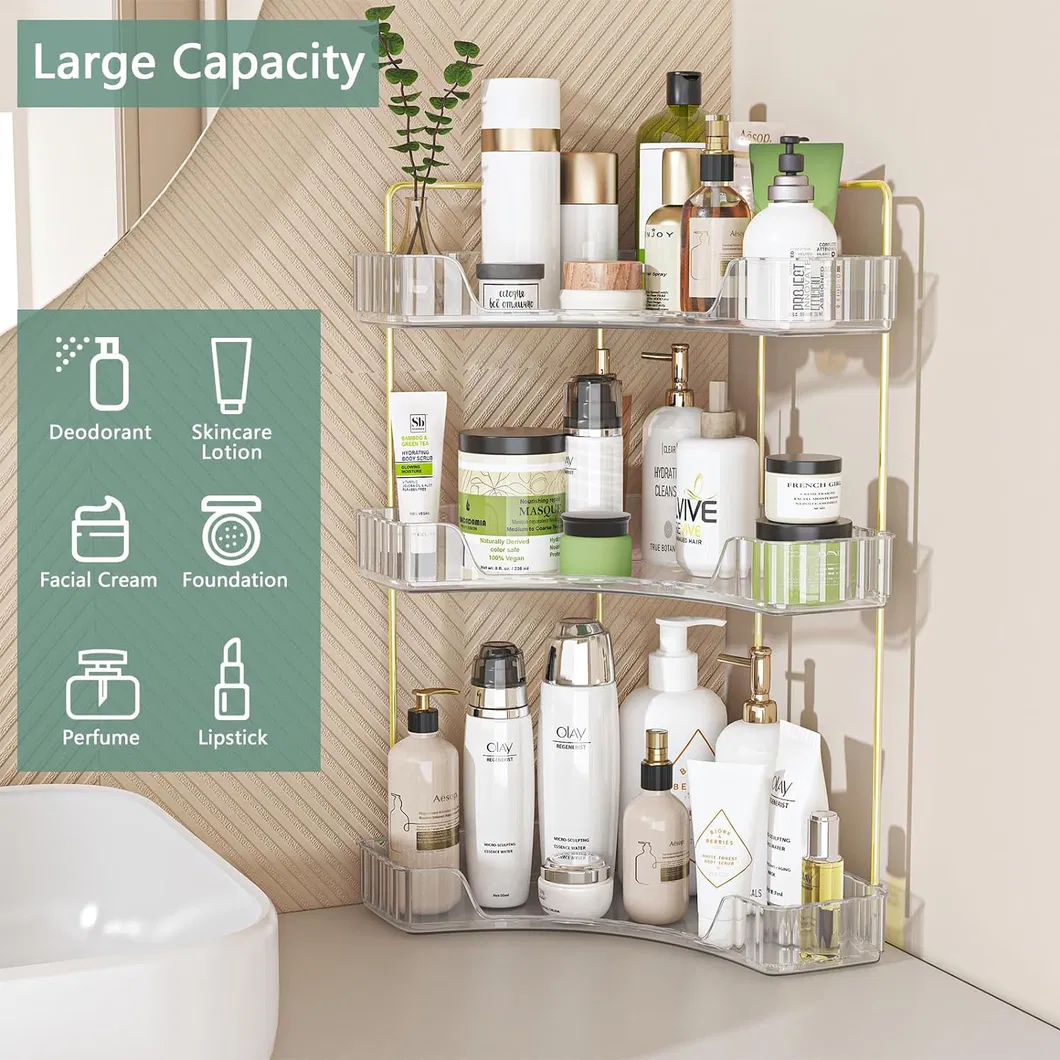 2-Tier Bandeja de tocador para perfumes en el baño, estante de esquina organizador con soporte para brochas de maquillaje