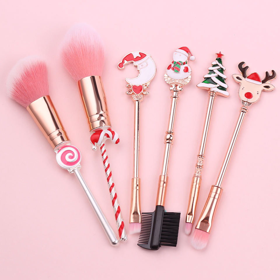 Conjunto de Pinceles de Maquillaje de Navidad 6 PCS Diseño Festivo Dorado Libre de Crueldad Sintético Multifuncional para la Cara y los Ojos Caja de Regalo