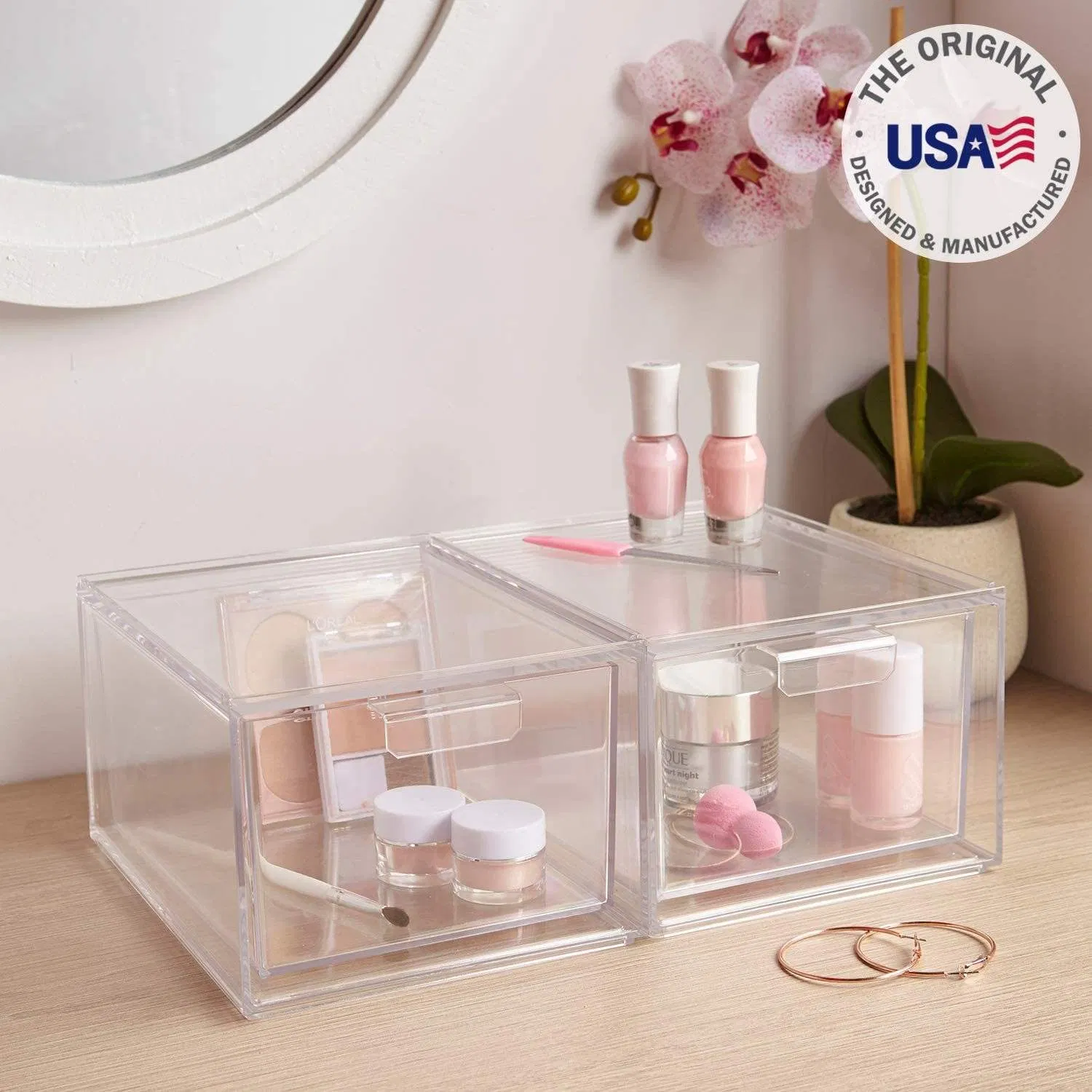Conjuntos de cajas de maquillaje de acrílico transparente multipropósito, cajones de almacenamiento de plástico apilables, organizador de cosméticos