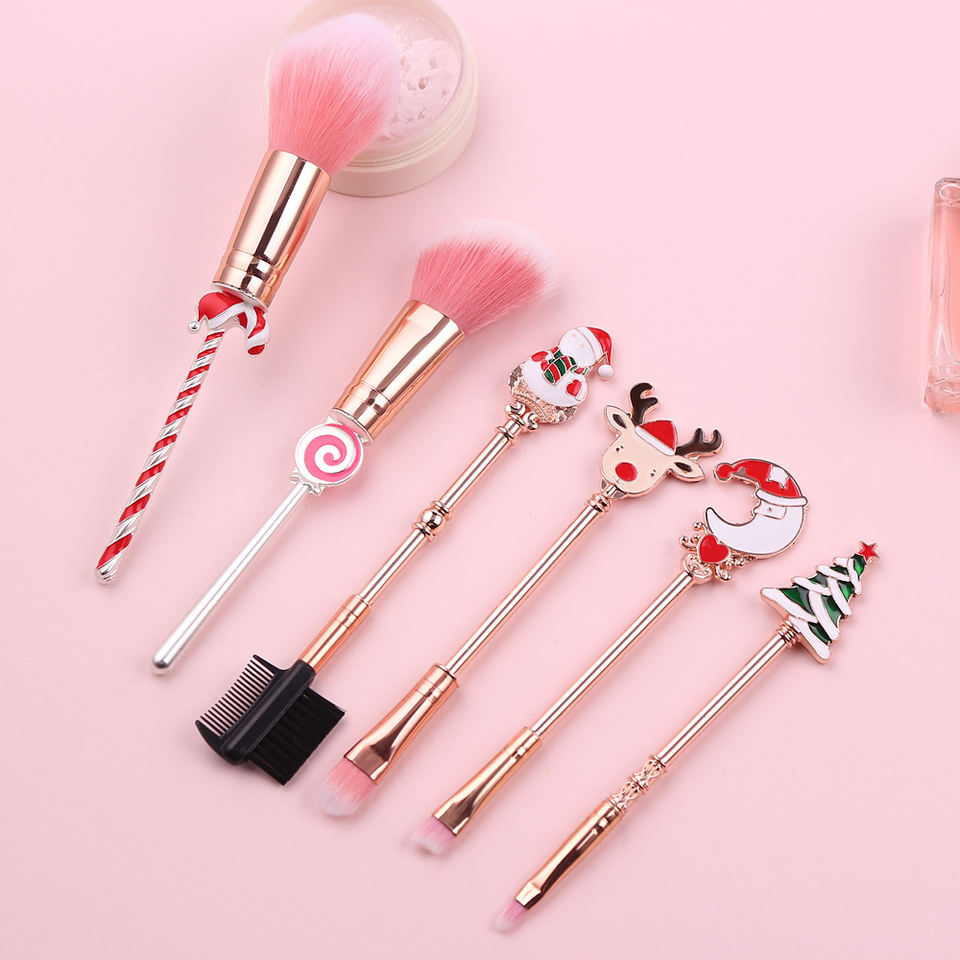 Conjunto de Pinceles de Maquillaje de Navidad 6 PCS Diseño Festivo Dorado Libre de Crueldad Sintético Multifuncional para la Cara y los Ojos Caja de Regalo