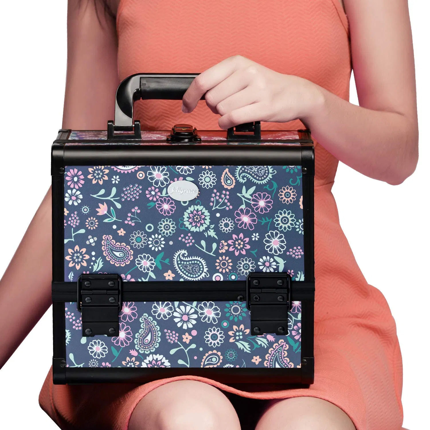 Estuche de Maquillaje con Espejo 3-Tier Bandejas Estuche de Entrenamiento Organizador de Cosméticos de Viaje Bloqueable Portátil con Soporte para Brochas Púrpura