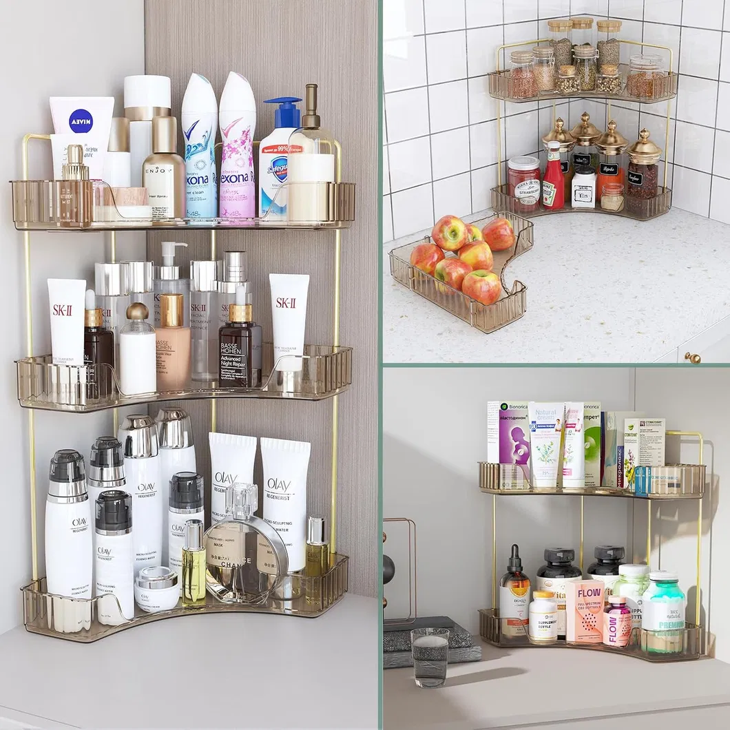 2-Tier Bandeja de tocador para perfumes en el baño, estante de esquina organizador con soporte para brochas de maquillaje