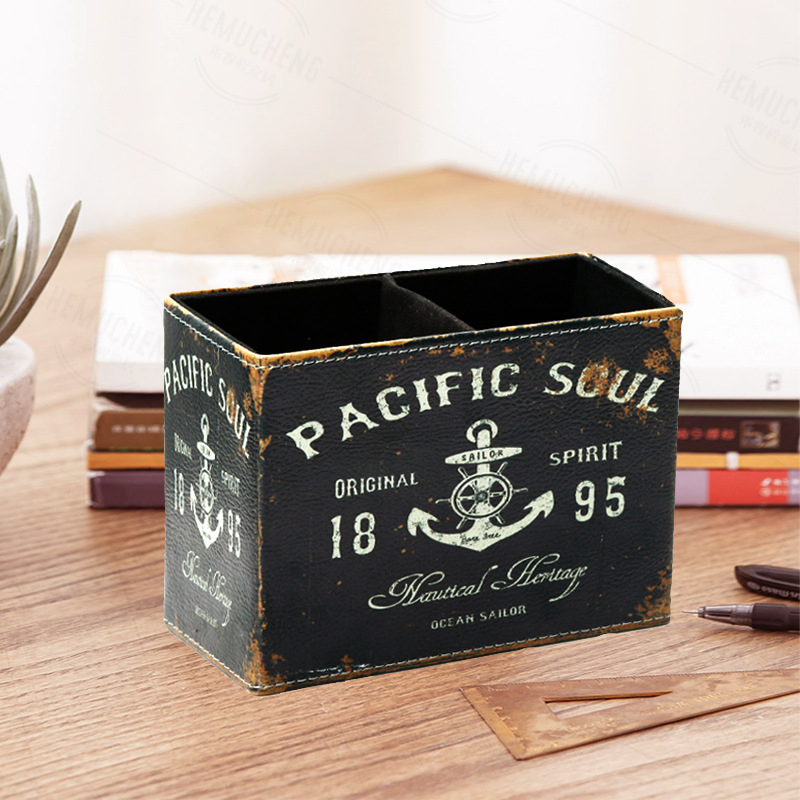 Soporte para bolígrafos de PU, taza para lápices, soporte de maquillaje de lujo antiguo, organizador de cuero PU para escritorio, oficina, aula, hogar, mujeres y niñas