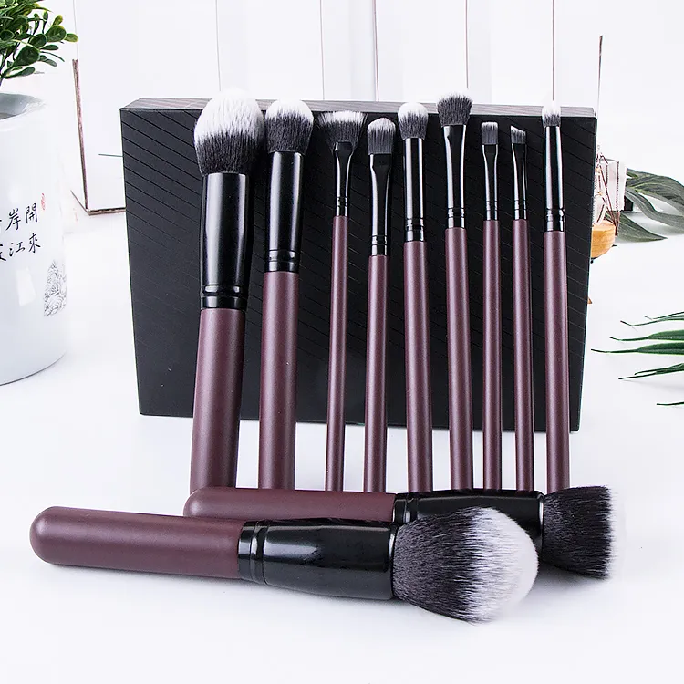 11PCS Conjunto de brochas de maquillaje de pelo sintético suave y denso para rostro/ojos con mango de madera