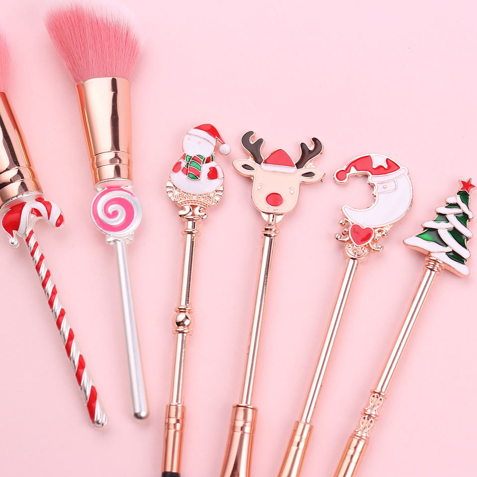 Conjunto de Pinceles de Maquillaje de Navidad 6 PCS Diseño Festivo Dorado Libre de Crueldad Sintético Multifuncional para la Cara y los Ojos Caja de Regalo